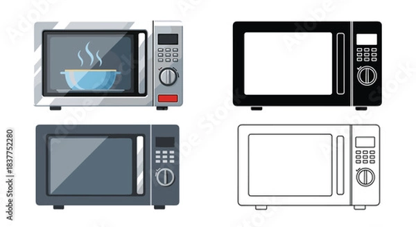 Fototapeta A versatile set of four microwave oven illustrations, including colored, flat, silhouette, and line art styles for different design needs.
