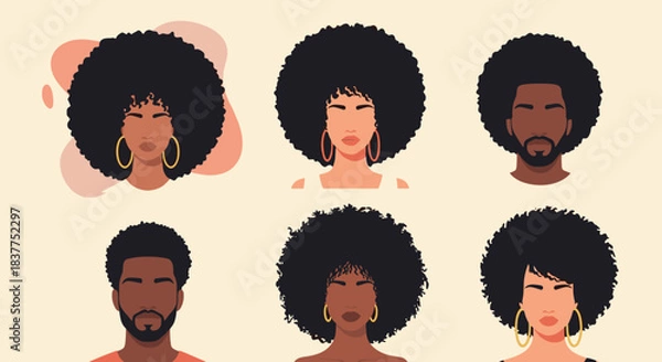 Fototapeta A beautiful collection of six portraits featuring Black men and women with various stylish afro hairstyles and diverse features.
