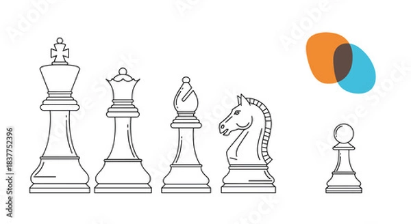 Fototapeta A minimalist black line art illustration of a set of chess pieces including the king, queen, bishop, knight, and pawn.