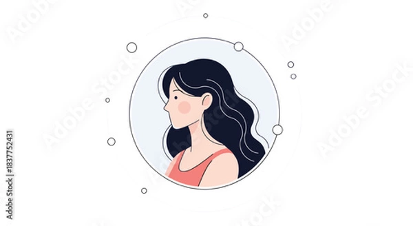 Fototapeta A lovely cartoon portrait of a young woman with long dark hair, shown in profile view inside a decorative circular frame.