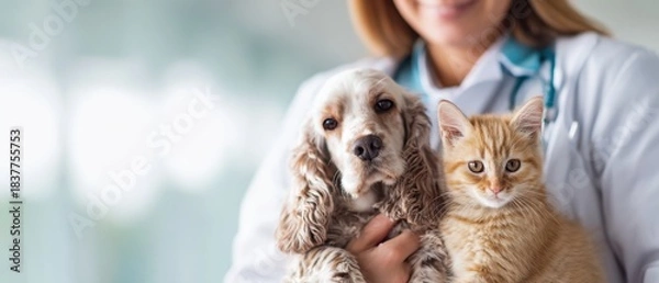 Obraz The veterinarian holding a spaniel puppy and an orange kitten during a clinic checkup