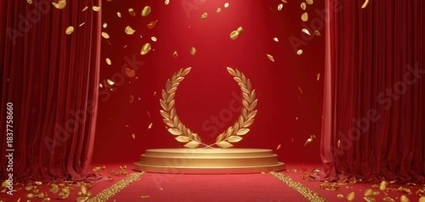 Obraz The golden laurel wreath on a luxurious red stage with falling confetti