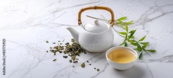 Obraz The Teapot and Cup with Loose Leaf Green Tea on Marble Surface
