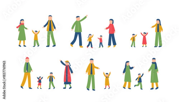 Obraz 冬を過ごす家族のイラストセット