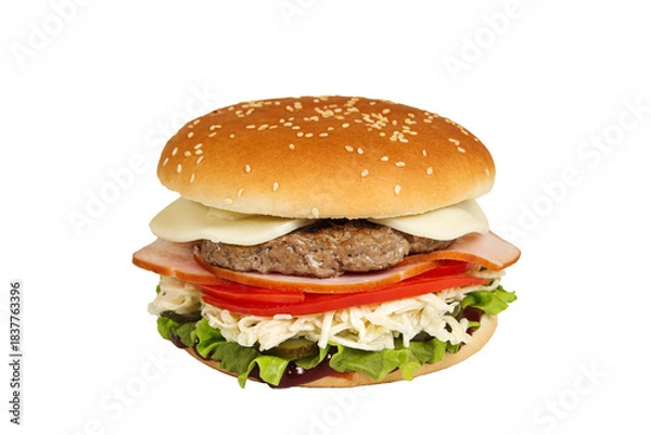 Fototapeta Burger isolated on a white background. Fast and tasty food.	
