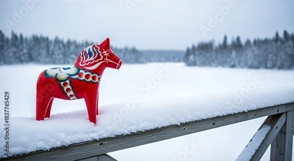 Fototapeta A red Dala horse figurine stands on a snow-covered wooden railing overlooking a vast winter landscape with a frozen lake and distant forest.