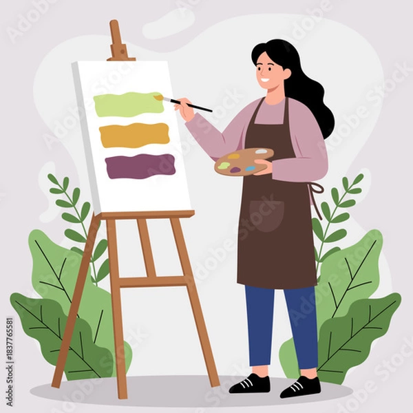 Obraz Illustration of a female artist painting on an easel with a palette, symbolizing creativity, hobby, art class, and painting workshop.