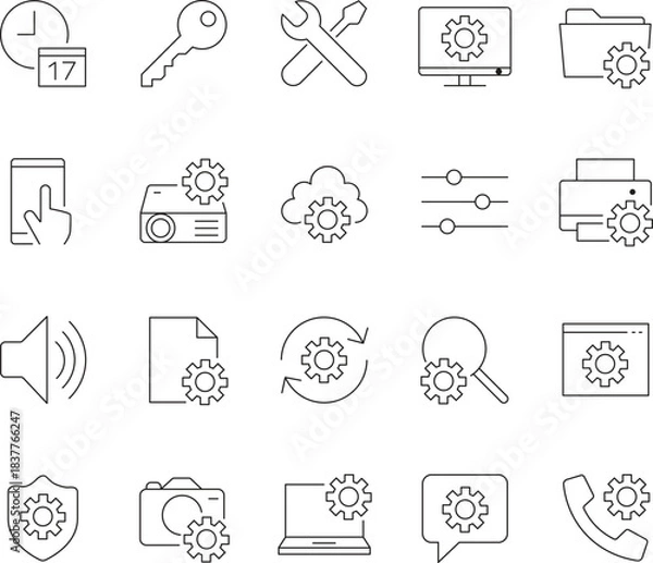 Fototapeta Settings and Configuration Line Icons Set — Technology, Tools, Cloud, Security, Device Management (Editable Stroke)