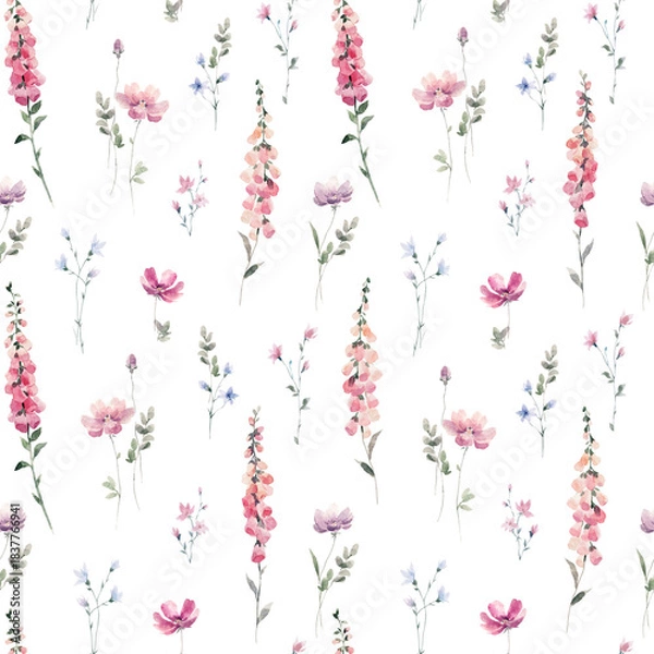 Fototapeta Seamless watercolor floral pattern with delicate wildflowers and soft greenery. Elegant botanical surface design for fabric, packaging, wedding decor, or spring-themed projects.