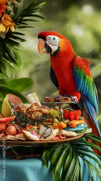 Fototapeta Colorful exotic bird perched beside a vibrant snack display adorned with festive touches, showcasing a tropical ambiance and inviting atmosphere