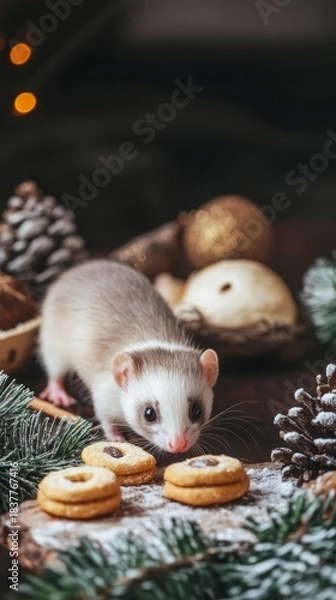 Fototapeta Decorative Christmas treat board featuring festive cookies for ferrets and degus, surrounded by pinecones and holiday decorations, creating a cozy atmosphere