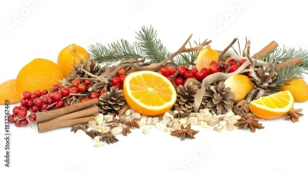 Fototapeta Display of toxic holiday ingredients for reptiles and birds featuring oranges, pine cones, and cinnamon sticks with vibrant topaz accents