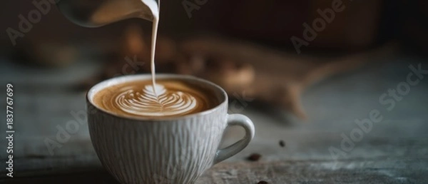Obraz The coffee cup with intricate latte art and milk pouring on rustic table