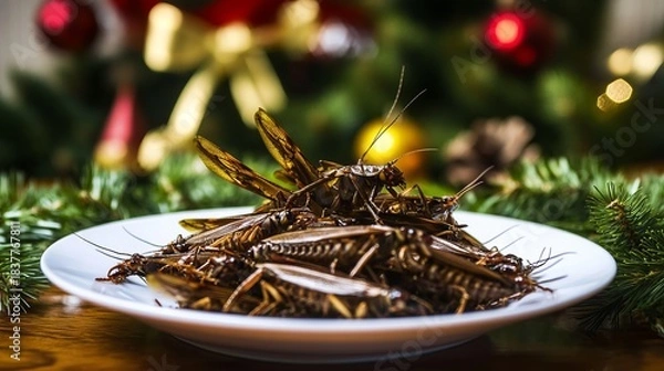 Fototapeta Festive dish featuring safe insects arranged on a white plate, surrounded by holiday greens and decorations, creating a unique culinary experience