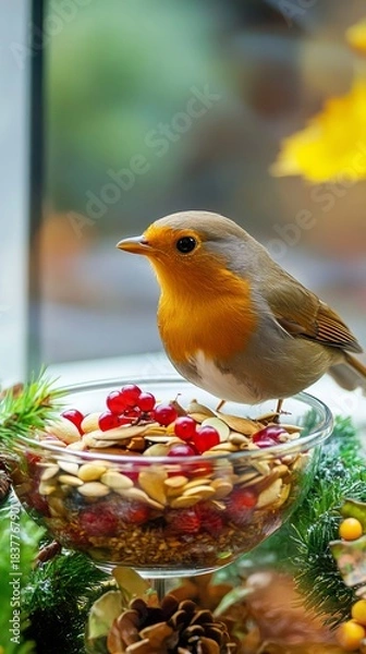 Fototapeta Festive food bowl filled with safe seeds and berries for birds, showcasing vibrant colors and natural textures in a cozy indoor setting