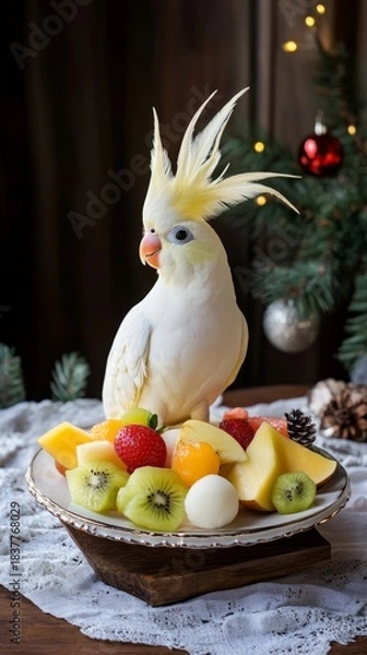 Fototapeta Festive cockatiel perched beside a colorful fruit salad adorned with holiday decorations, creating a joyful and vibrant holiday atmosphere