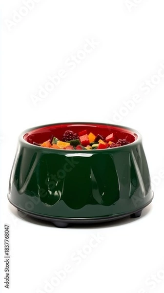 Fototapeta Festive red and green pet bowl filled with chopped fruits and vegetables, showcasing a vibrant and colorful meal for pets during the holiday season
