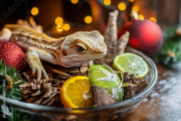 Fototapeta Festive reptile dish featuring a bearded dragon surrounded by natural holiday decorations and vibrant fruits, creating a unique seasonal display