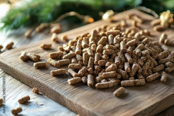 Fototapeta Holiday fish food pellets displayed on a wooden board surrounded by festive decorations, creating a vibrant seasonal atmosphere for aquatic pet care