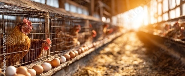 Obraz The chickens and rows of brown eggs in a sunlit rustic poultry barn