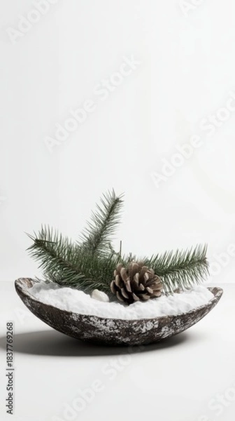 Fototapeta Minimal Christmas insect tray featuring natural greens and pinecones, creating a festive ambiance for reptile topaz display with copy space