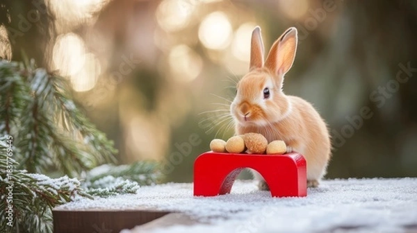 Fototapeta Minimalist holiday enrichment toy for rabbits featuring safe treat topaz, surrounded by festive decorations and a playful bunny in a cozy setting
