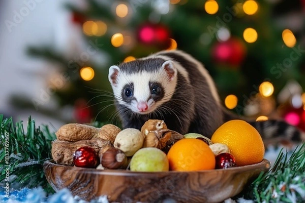 Fototapeta Ferret exploring a festive winter holiday snack tray filled with safe fruits and nuts, surrounded by Christmas decorations and a cozy atmosphere