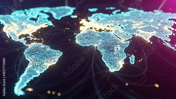Fototapeta Digital World Map: Global Network, Big Data, and Technology Connections