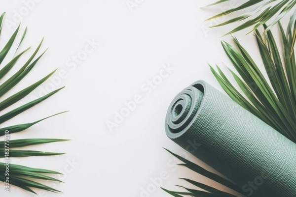 Fototapeta Wellness routine checklist flat lay featuring a rolled yoga mat surrounded by lush green leaves, creating a serene and calming atmosphere for mindfulness practice