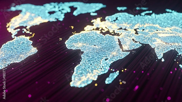 Fototapeta Digital World Map: Global Network, Big Data, and Technology Connections