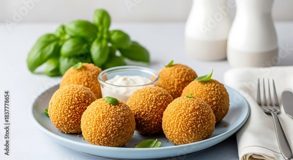Obraz Golden Fried Arancini Balls with Creamy Dip and Fresh Basil rice balls golden brown