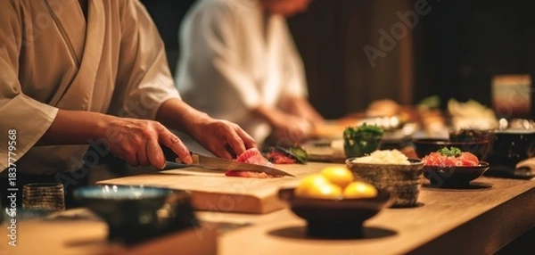 Obraz The Sushi Chef Preparing Fresh Sashimi at a Traditional Japanese Restaurant Counter