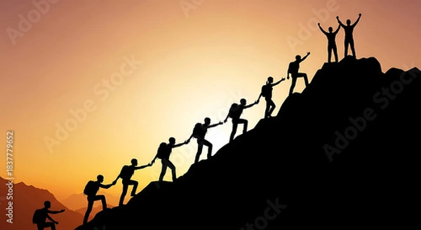 Obraz Silhouetted hikers ascend a mountain slope at sunset in a chain of support climbing hiking