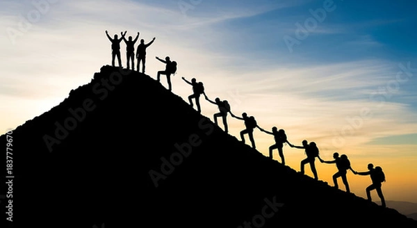 Obraz Silhouetted hikers ascend a mountain peak reaching for success at sunrise summit hiking