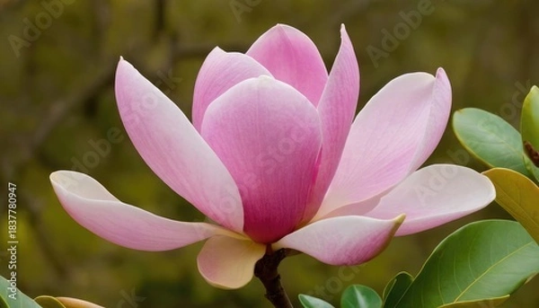 Obraz Colorful magnolia flower in blooming phase with soft petals and vibrant colors in a serene garden setting. 6