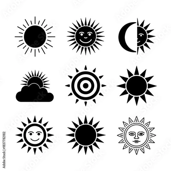 Fototapeta Sun Icon Set. Vector Design Pack Isolated on White Background. Grunge Stamp Vector Illustration.