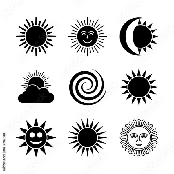 Fototapeta Sun Icon Set. Vector Design Pack Isolated on White Background. Grunge Stamp Vector Illustration.