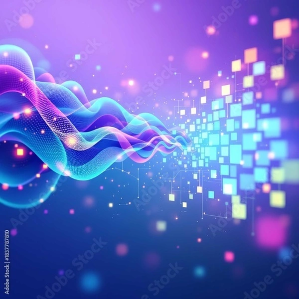 Obraz Abstract digital data flow visualization with glowing neon waves and expanding blue square particles