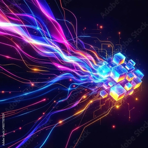 Obraz Abstract digital data flow streams into glowing neon cubes representing blockchain technology and network processing