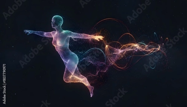 Fototapeta Radiant Human Form Crafted from Swirling Particle Light Trails, Capturing the Essence of Dynamic Energy and Digital Motion in a Luminous Abstract Composition