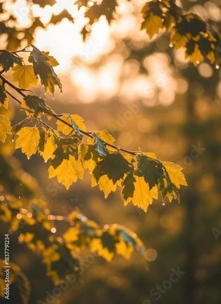 Fototapeta Sunlit Autumn Maple Leaves with Raindrops After a Shower, Golden Hour Light