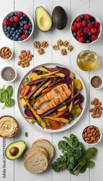 Fototapeta Healthy salmon and vegetable dish with avocado, berries, nuts, and whole grain bread, featuring nutritious ingredients for a balanced diet
