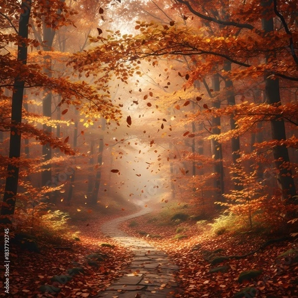 Fototapeta Enchanting autumn forest path with vibrant falling leaves, bathed in soft light, creating a serene and picturesque landscape, perfect for seasonal designs