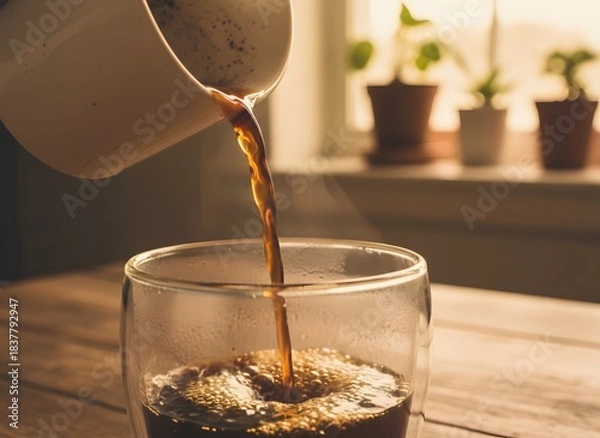 Fototapeta Pouring hot, dark coffee from a ceramic mug into a clear glass, creating a rich brown stream and fragrant steam, set against a warm, sunlit background with indoor plants