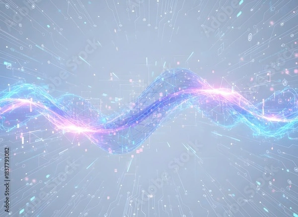 Fototapeta Abstract blue and pink glowing wave pattern with sparkling lights on a white background, representing energy and data flow