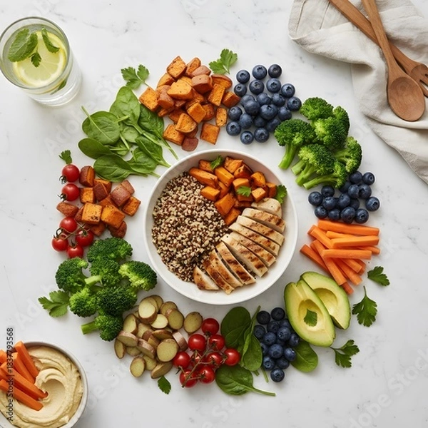 Fototapeta Delicious and Nutritious Healthy Food Bowl with Grilled Chicken, Quinoa, Vegetables, and Fruits