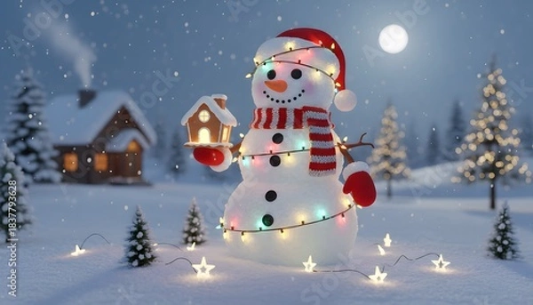 Fototapeta Festive snowman with twinkling lights and a miniature gingerbread house in a snowy winter scene