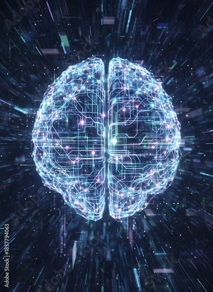 Fototapeta Abstract representation of a futuristic digital brain glowing with blue and pink lights against a dark, technological background, symbolizing artificial intelligence and connectivity