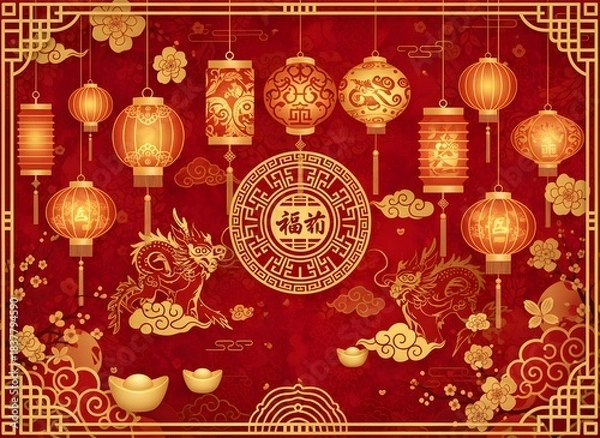Fototapeta Vibrant Chinese New Year celebration with red lanterns, gold dragons, and auspicious symbols on a textured background