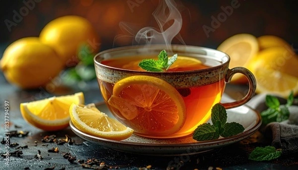 Obraz Steaming lemon tea with mint garnish